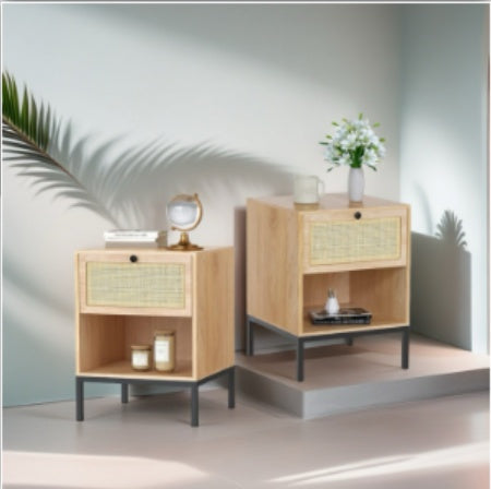 Wooden Nightstand With Woven Rattan Drawer Front