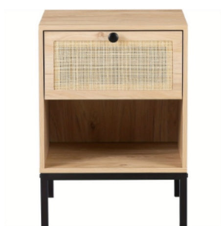 Wooden Nightstand With Woven Rattan Drawer Front
